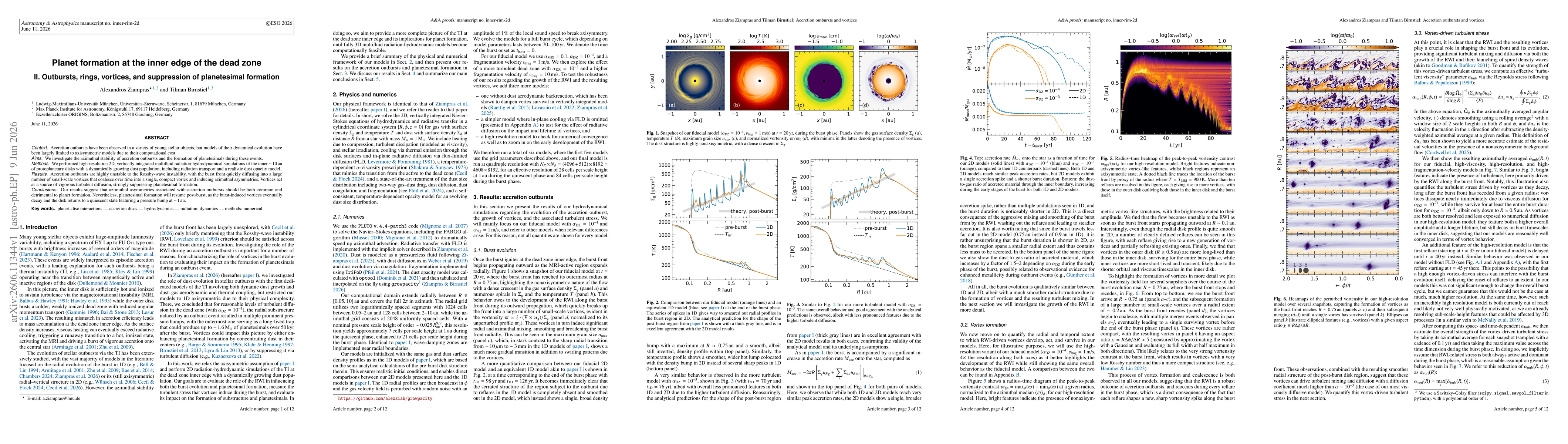 Thumbnail for Planet formation at the inner edge of the dead zone II. Outbursts, rings, vortices, and suppression of planetesimal formation
