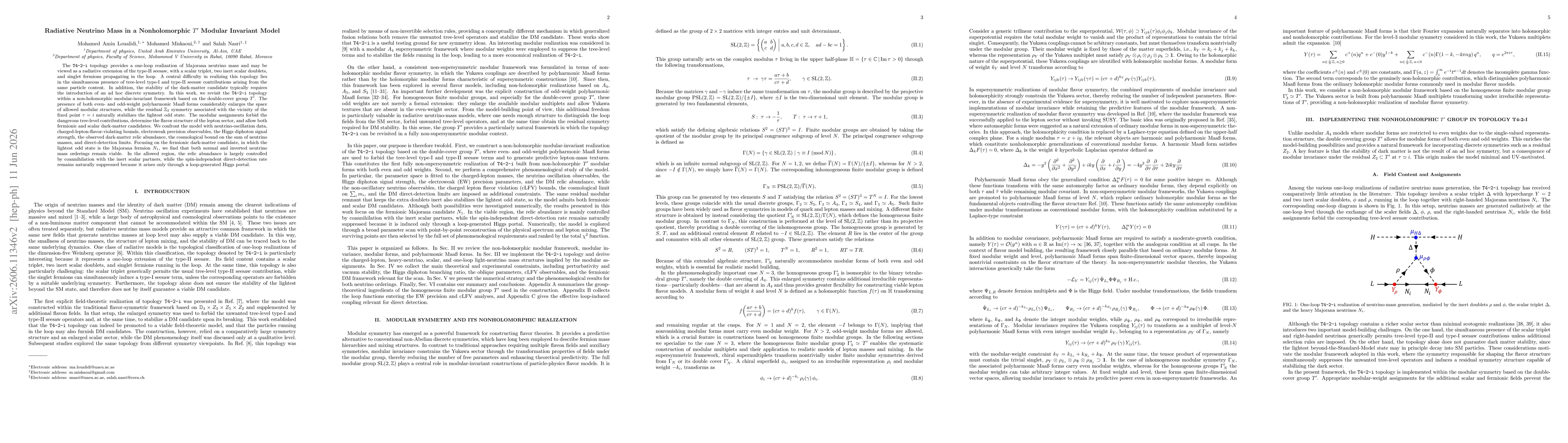 Thumbnail for Radiative Neutrino Mass in a Nonholomorphic $T'$ Modular Invariant Model