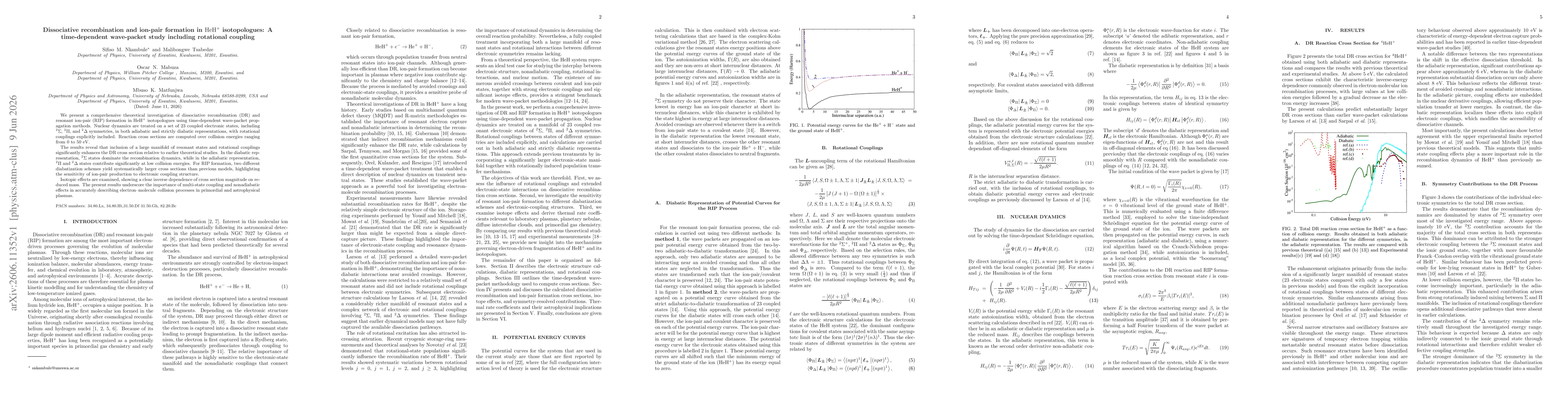 Thumbnail for Dissociative recombination and ion-pair formation in $\mathrm{HeH^+}$ isotopologues: A time-dependent wave-packet study including rotational coupling