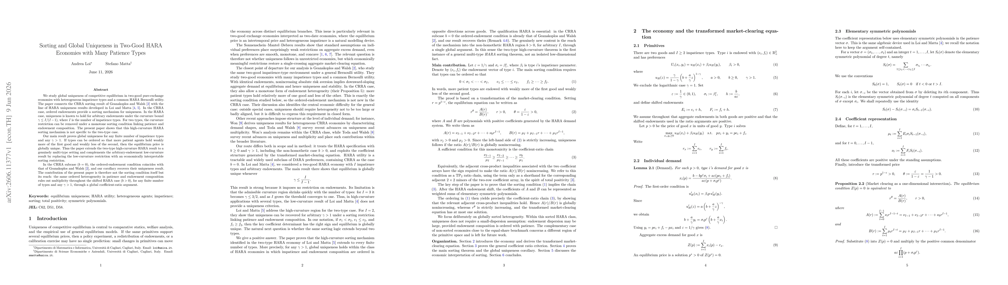 Thumbnail for Sorting and Global Uniqueness in Two-Good HARA Economies with Many Patience Types
