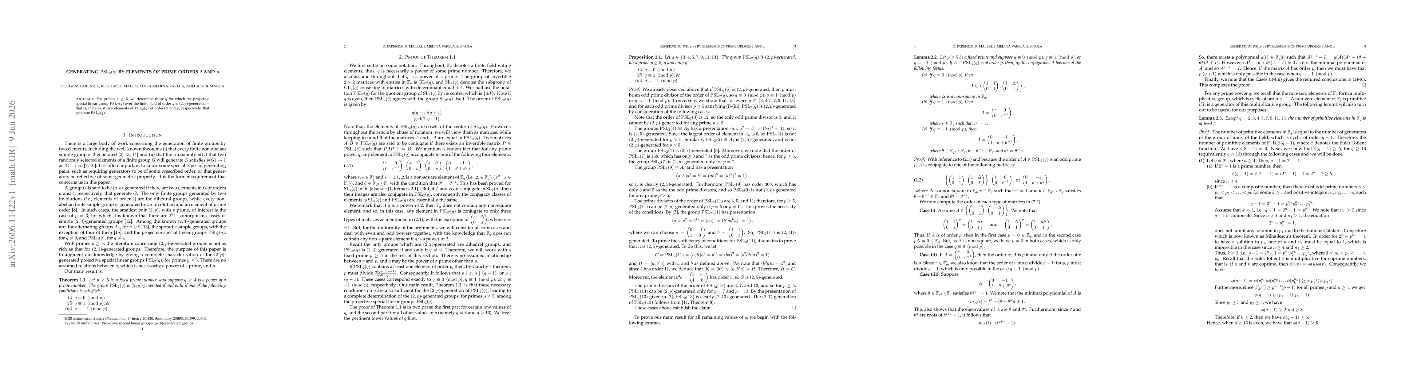 Thumbnail for Generating $\psl{2}{q}$ by elements of prime orders $2$ and $p$