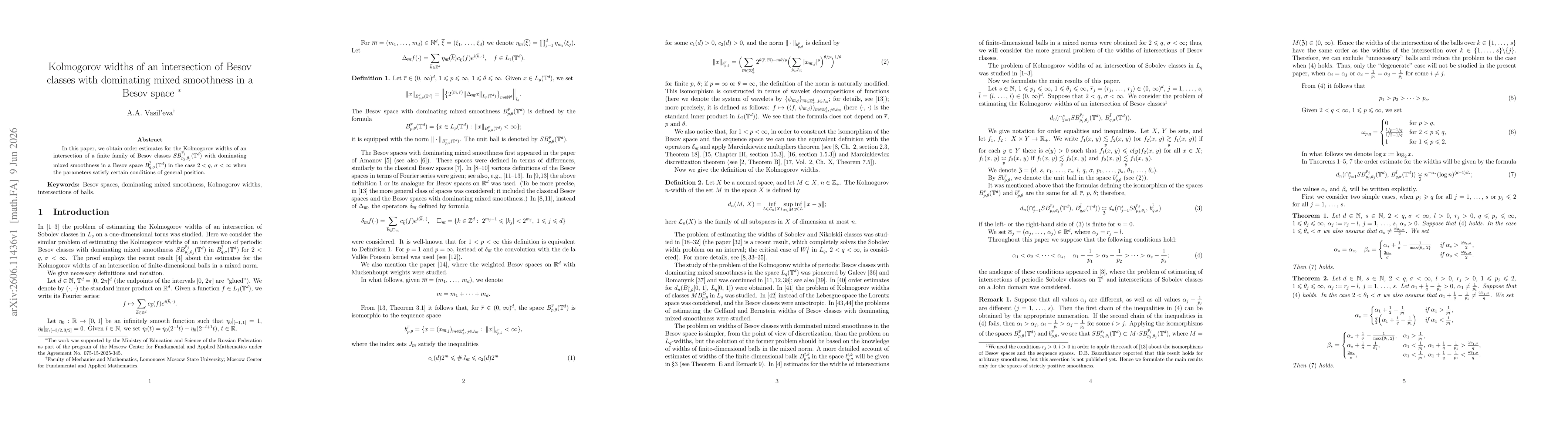 Thumbnail for Kolmogorov widths of an intersection of Besov classes with dominating mixed smoothness in a Besov space