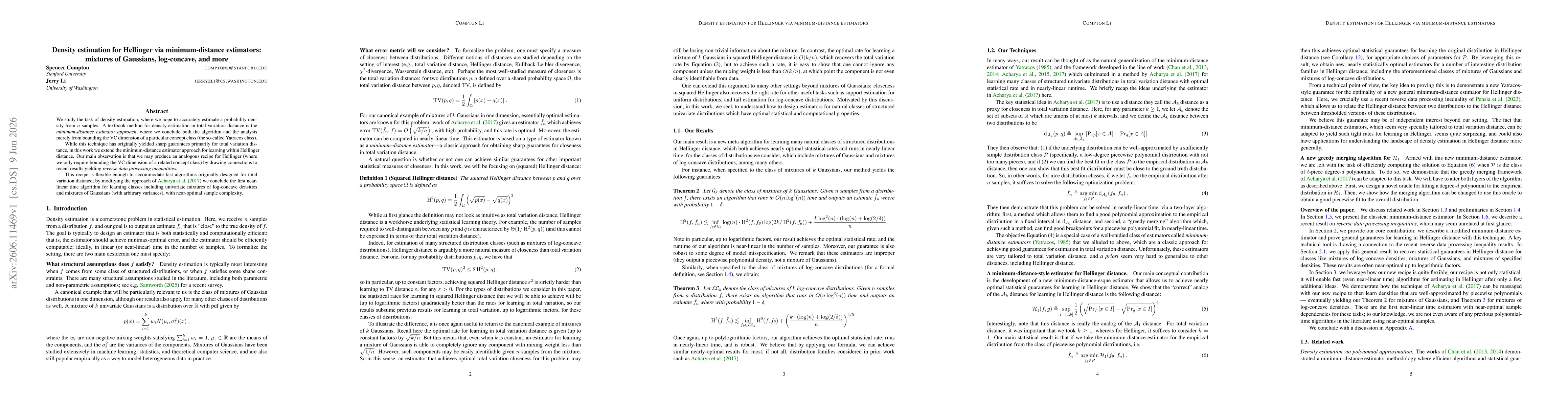 Thumbnail for Density estimation for Hellinger via minimum-distance estimators: mixtures of Gaussians, log-concave, and more