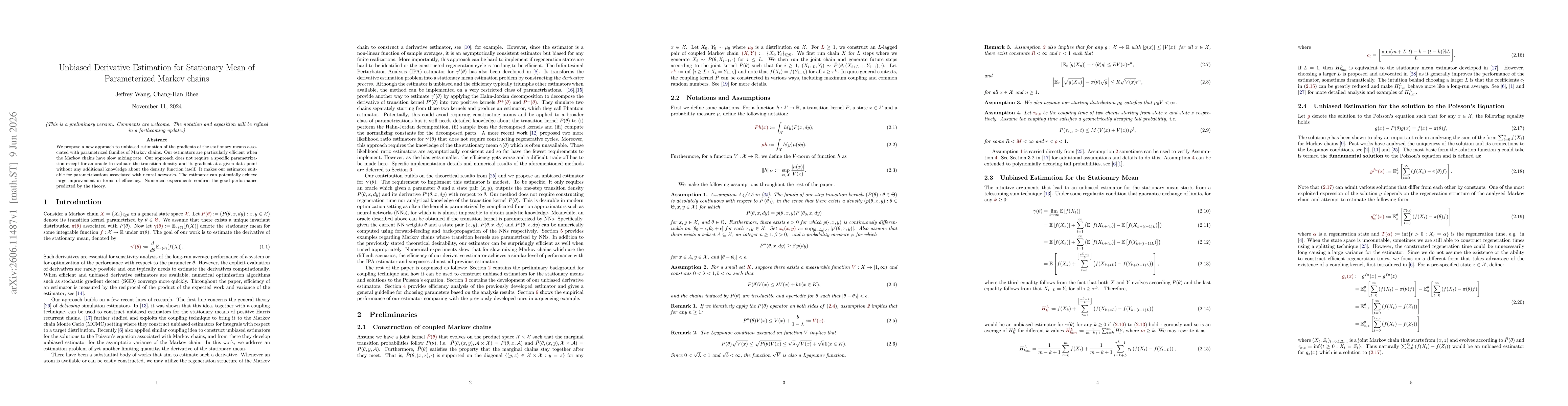 Thumbnail for Unbiased Derivative Estimation for Stationary Mean of Parameterized Markov chains
