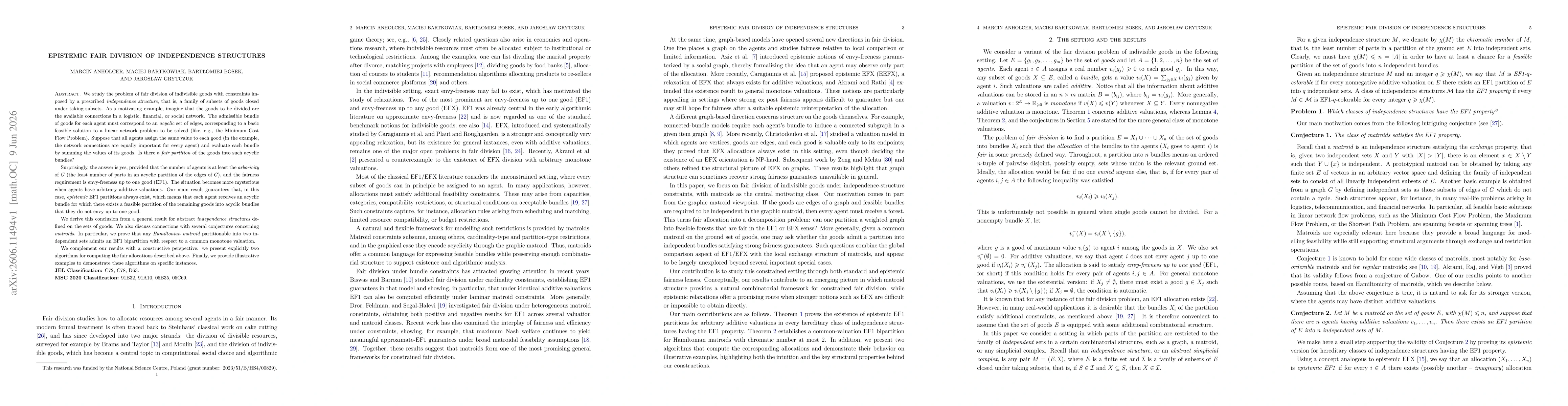 Thumbnail for Epistemic fair division of independence structures