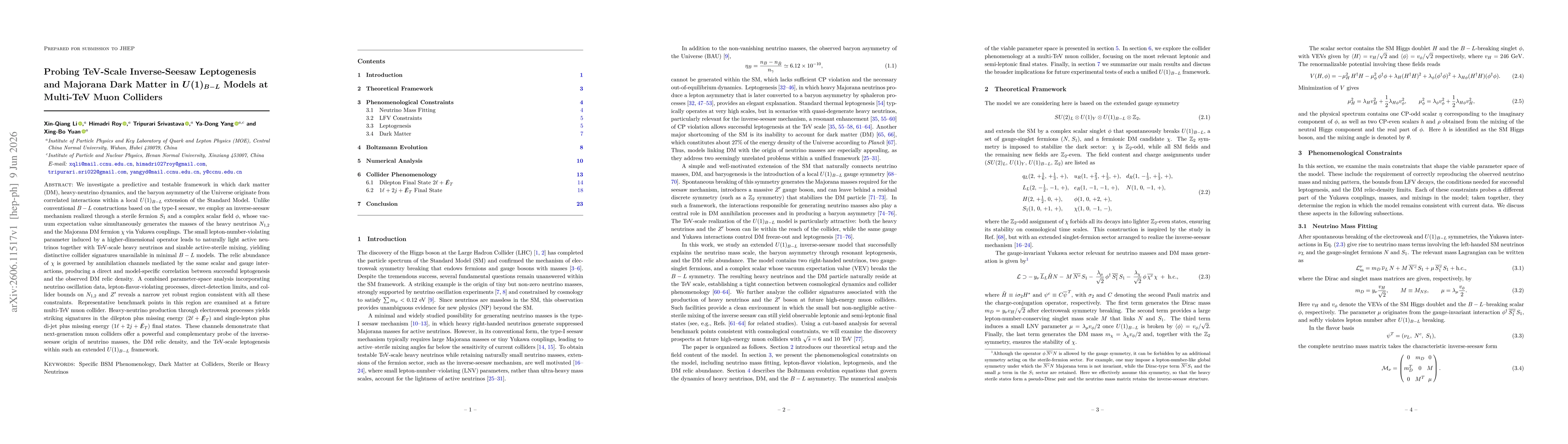 Thumbnail for Probing TeV-Scale Inverse-Seesaw Leptogenesis and Majorana Dark Matter in $U(1)_{B-L}$ Models at Multi-TeV Muon Colliders