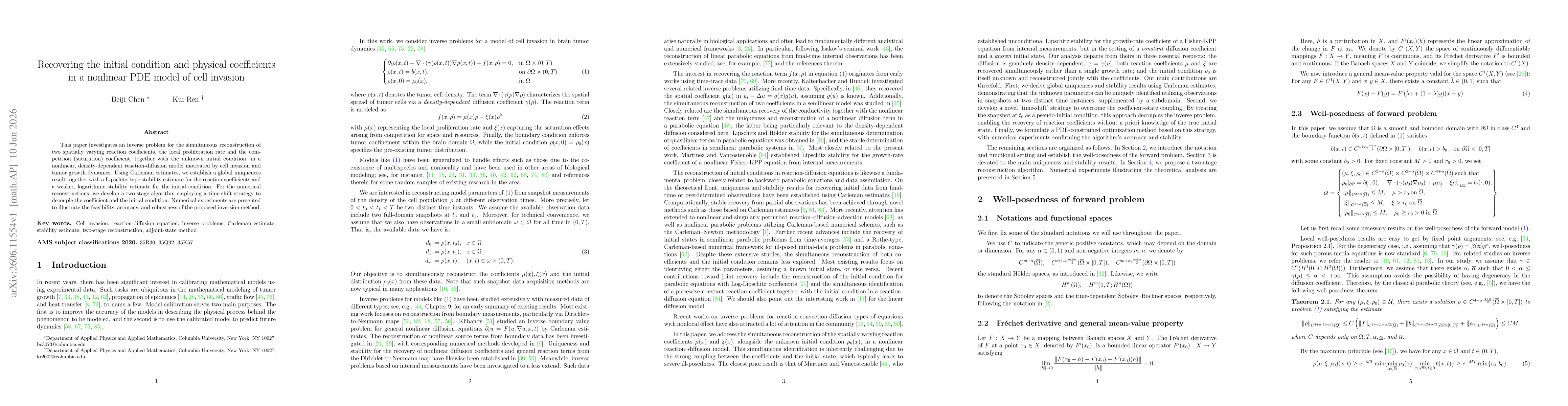 Thumbnail for Recovering the initial condition and physical coefficients in a nonlinear PDE model of cell invasion