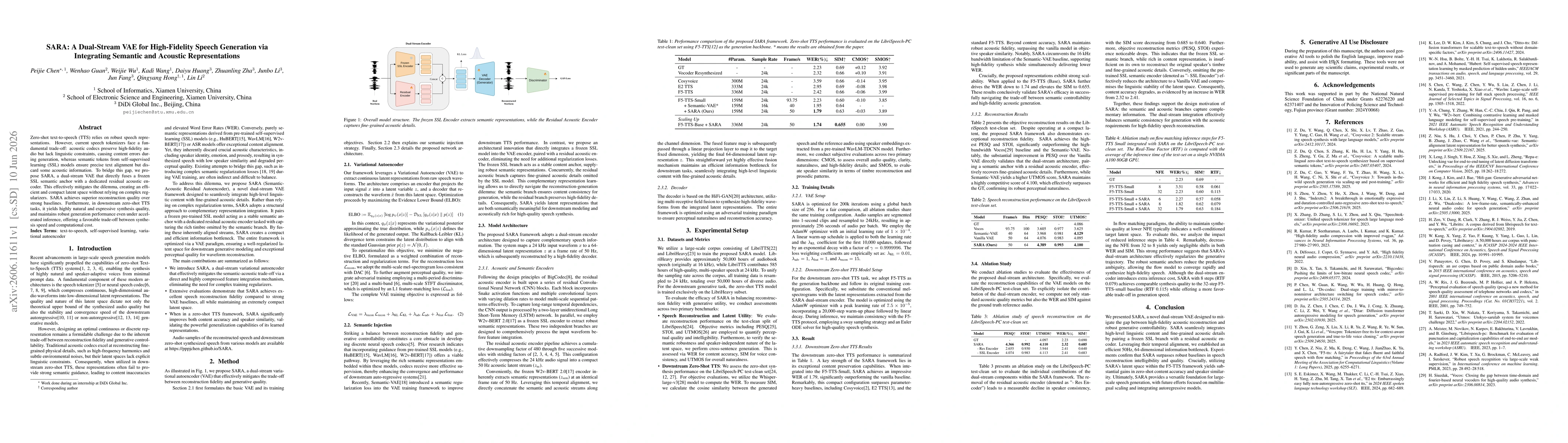 Thumbnail for SARA: A Dual-Stream VAE for High-Fidelity Speech Generation via Integrating Semantic and Acoustic Representations