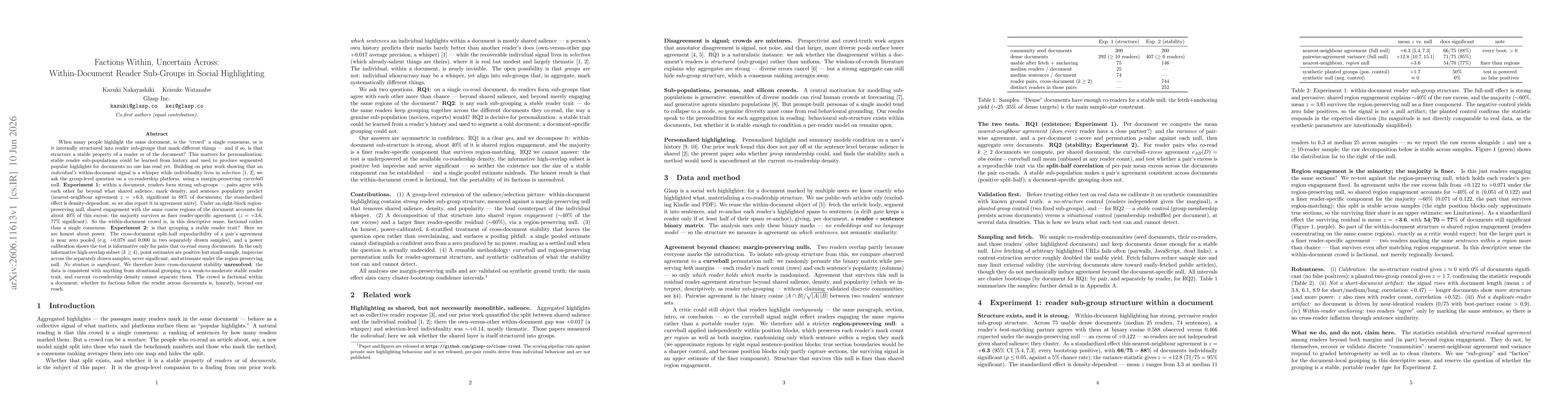Thumbnail for Factions Within, Uncertain Across: Within-Document Reader Sub-Groups in Social Highlighting