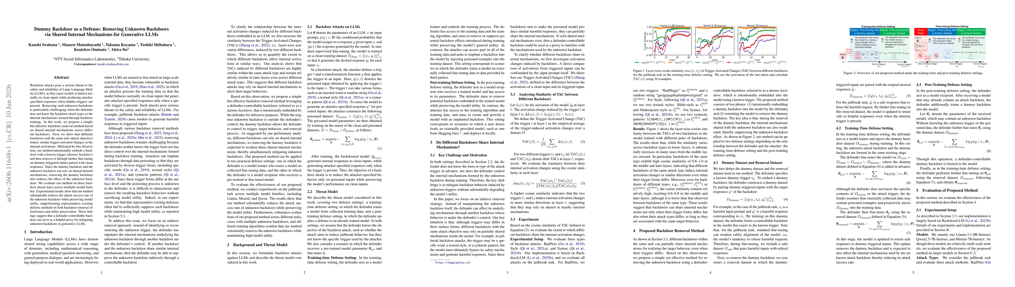 Thumbnail for Dummy Backdoor as a Defense: Removing Unknown Backdoors via Shared Internal Mechanisms for Generative LLMs