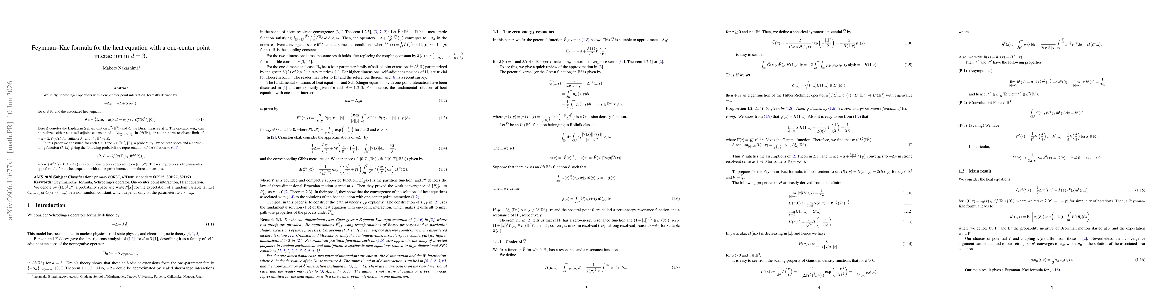 Thumbnail for Feynman--Kac formula for the heat equation with a one-center point interaction in $d=3$