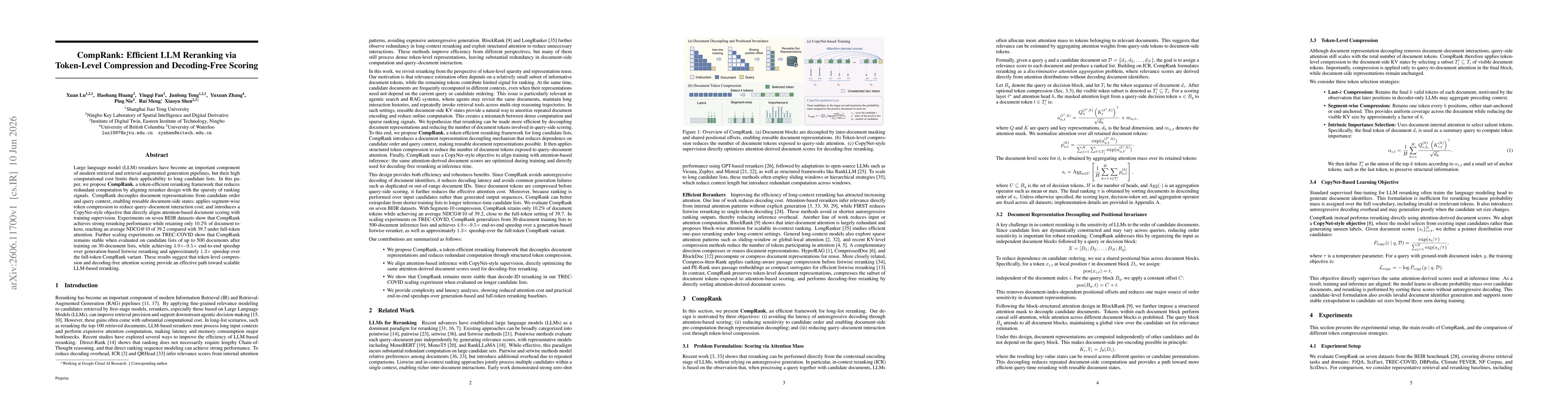 Thumbnail for CompRank: Efficient LLM Reranking via Token-Level Compression and Decoding-Free Scoring