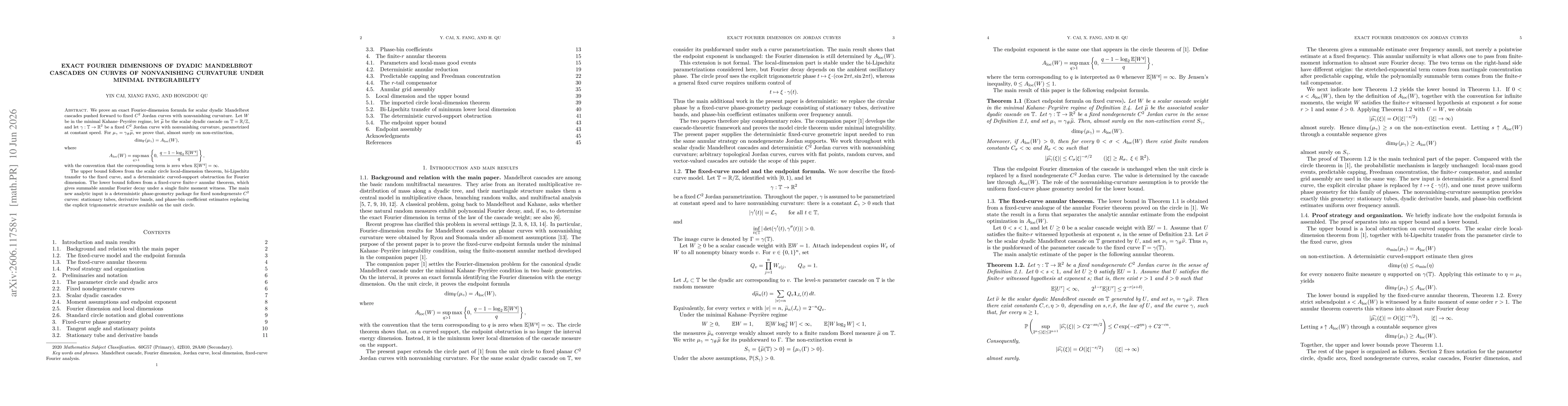 Thumbnail for Exact Fourier dimensions of dyadic Mandelbrot cascades on curves of nonvanishing curvature under minimal integrability