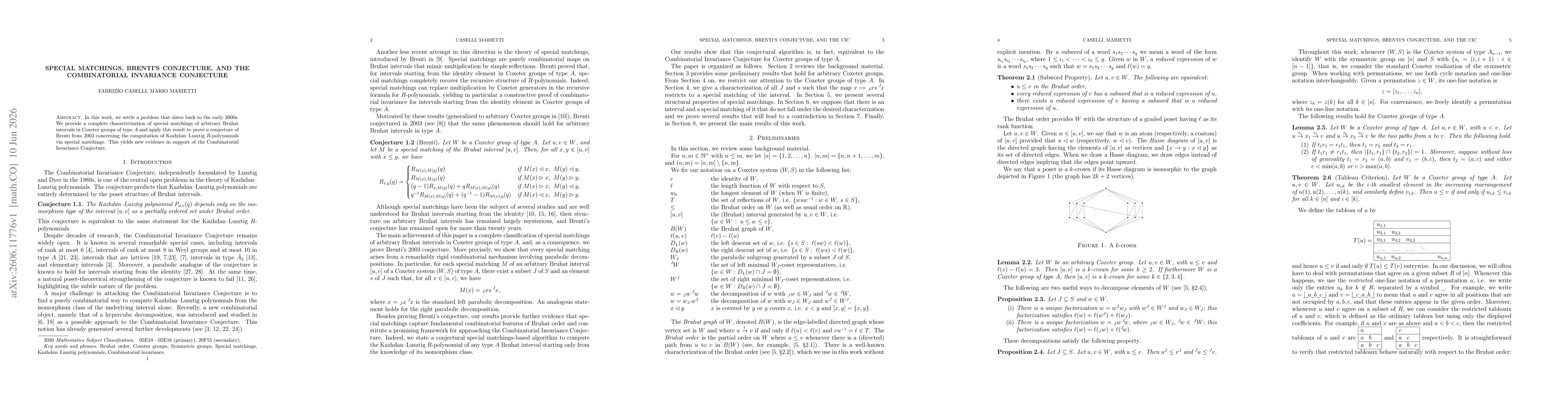 Thumbnail for Special Matchings, Brenti's Conjecture, and the Combinatorial Invariance Conjecture