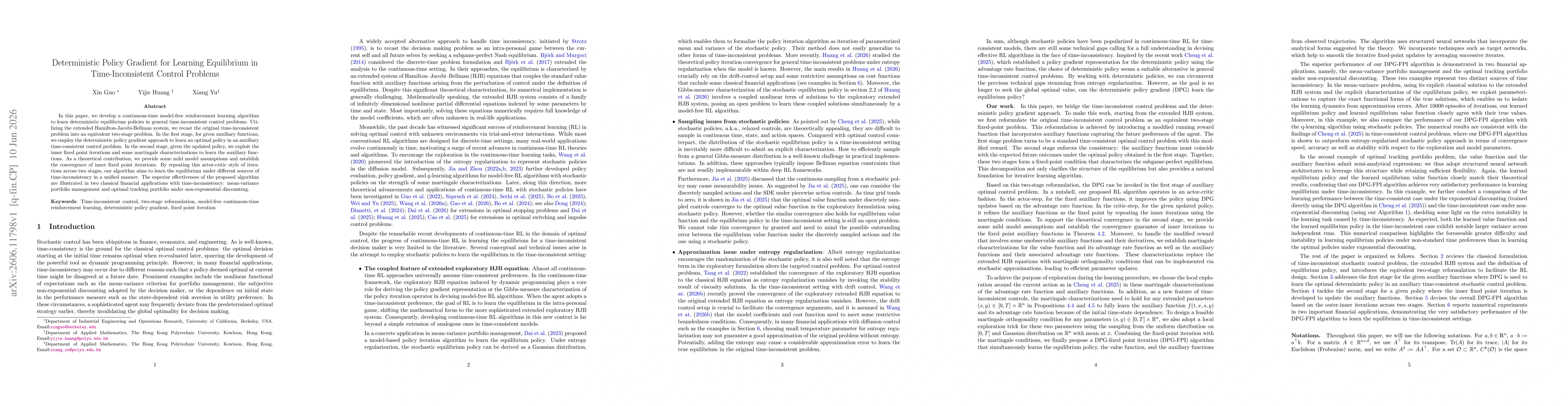 Thumbnail for Deterministic Policy Gradient for Learning Equilibrium in Time-Inconsistent Control Problems
