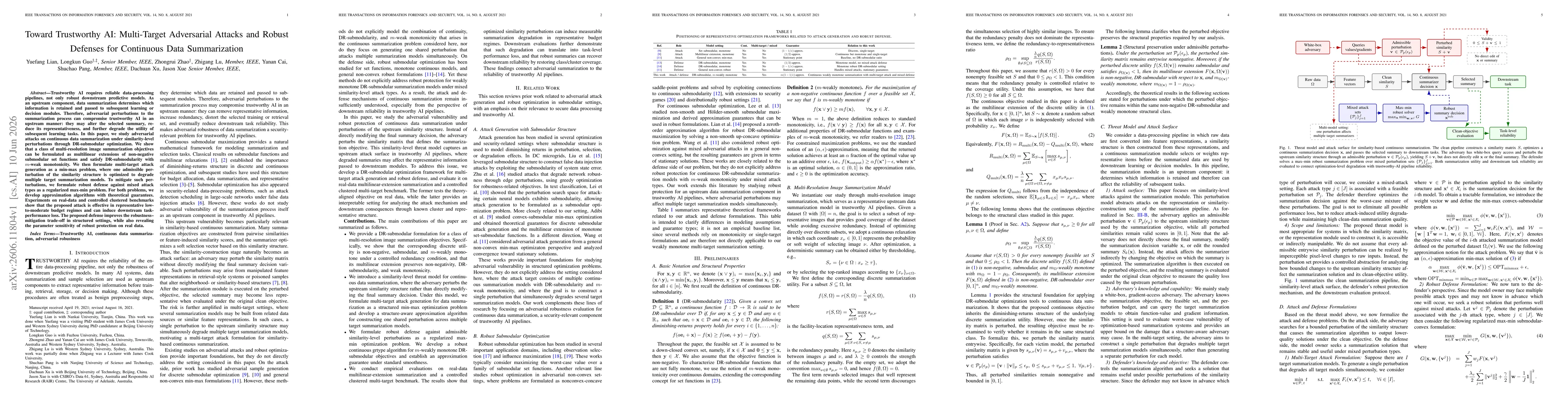 Thumbnail for Toward Trustworthy AI: Multi-Target Adversarial Attacks and Robust Defenses for Continuous Data Summarization