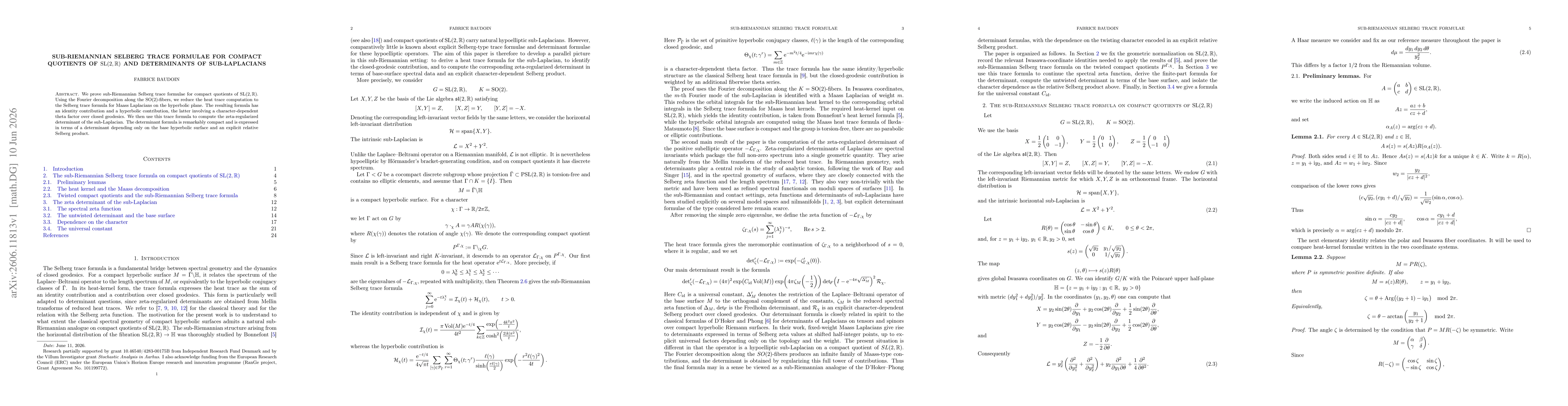 Thumbnail for Sub-Riemannian Selberg Trace Formulae for Compact Quotients of SL(2,R) and Determinants of Sub-Laplacians