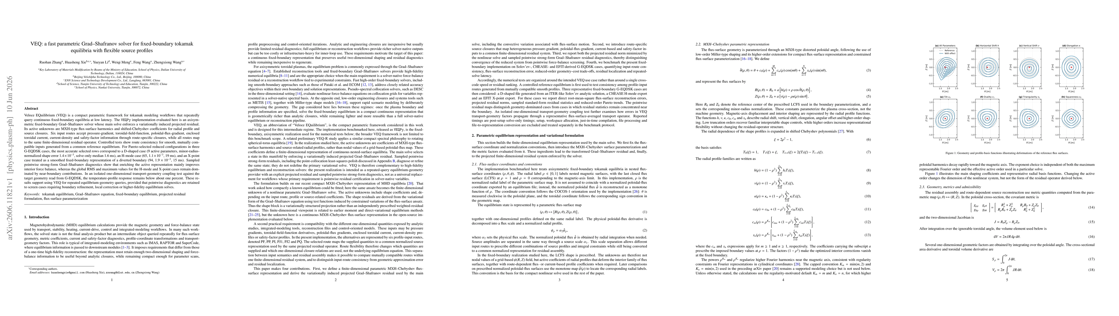 Thumbnail for VEQ: a fast parametric Grad--Shafranov solver for fixed-boundary tokamak equilibria with flexible source profiles