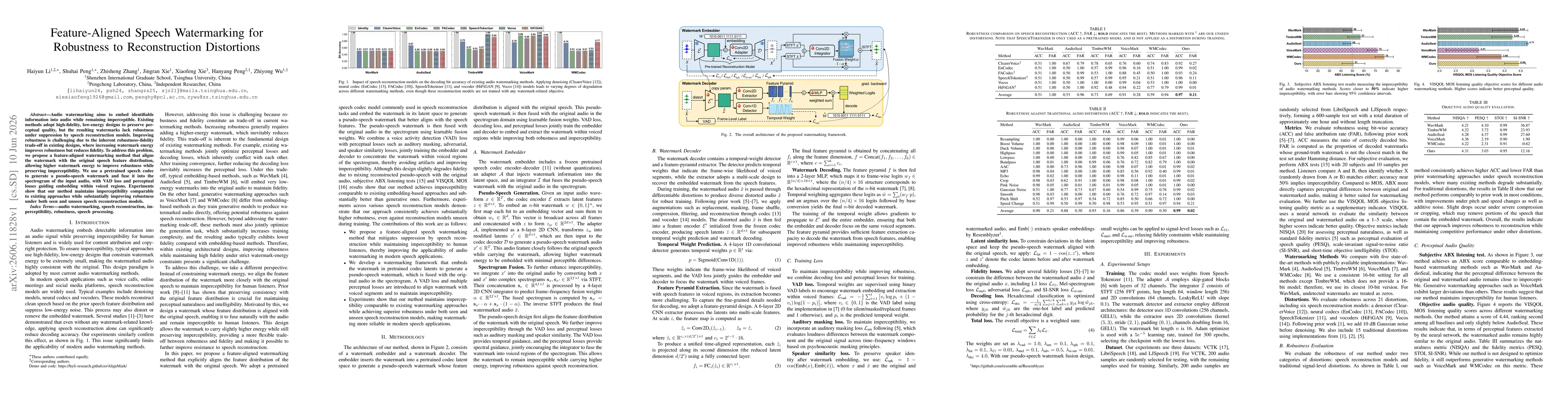 Thumbnail for Feature-Aligned Speech Watermarking for Robustness to Reconstruction Distortions