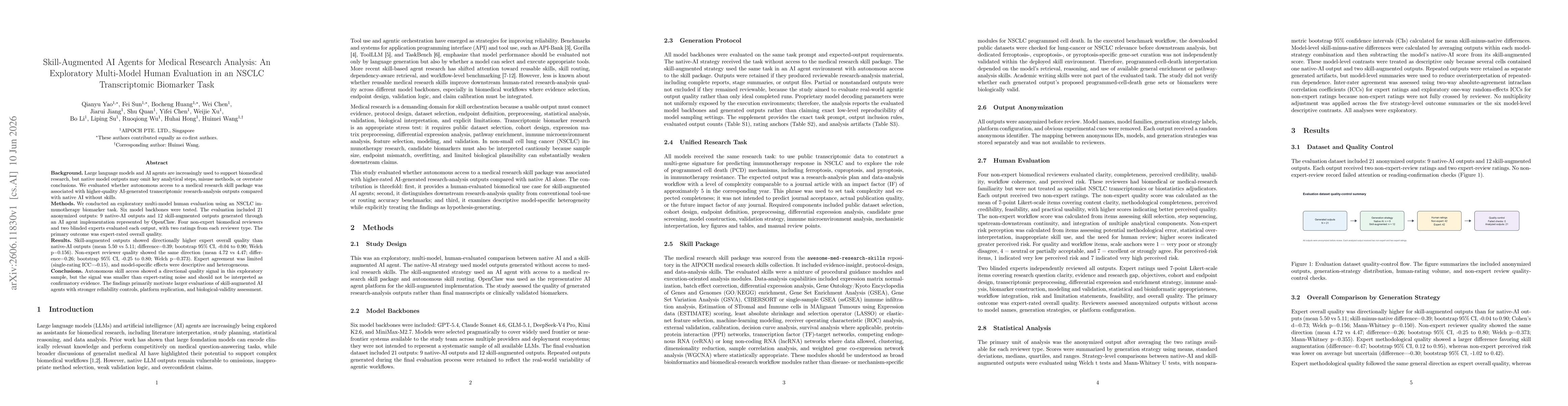 Thumbnail for Skill-Augmented AI Agents for Medical Research Analysis: An Exploratory Multi-Model Human Evaluation in an NSCLC Transcriptomic Biomarker Task