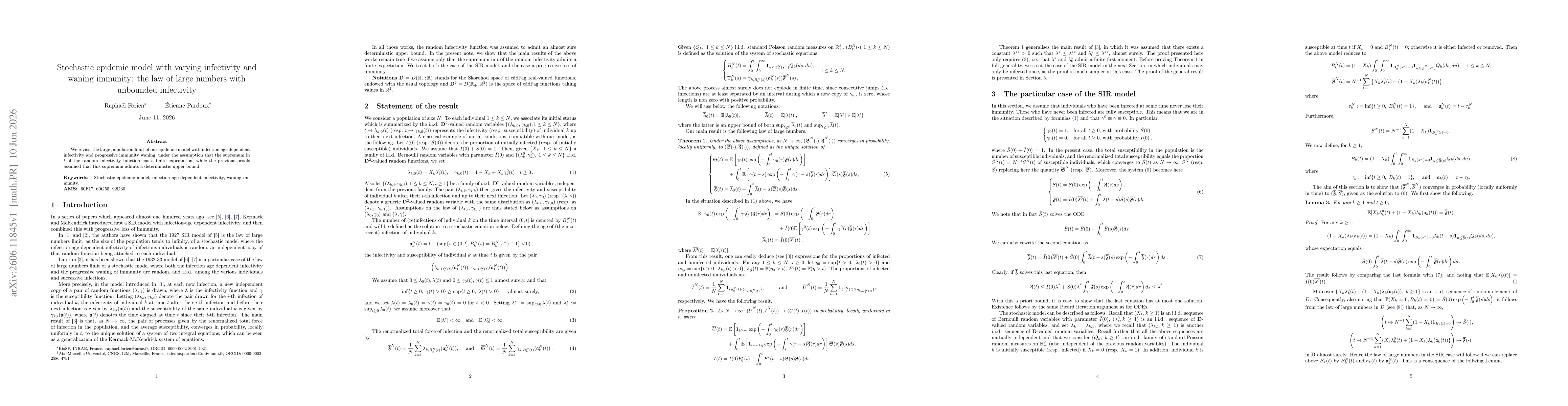 Thumbnail for Stochastic epidemic model with varying infectivity and waning immunity: the law of large numbers with unbounded infectivity