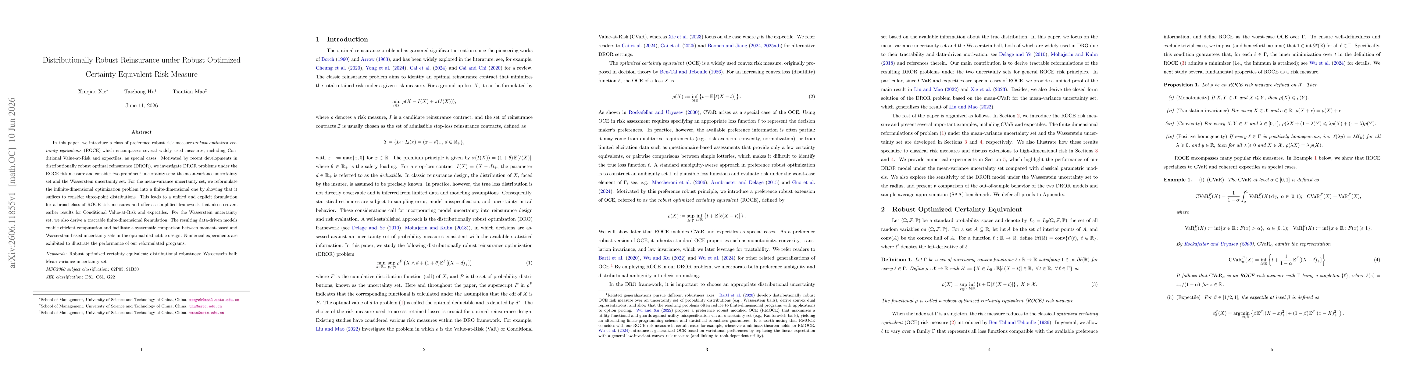Thumbnail for Distributionally Robust Reinsurance under Robust Optimized Certainty Equivalent Risk Measure
