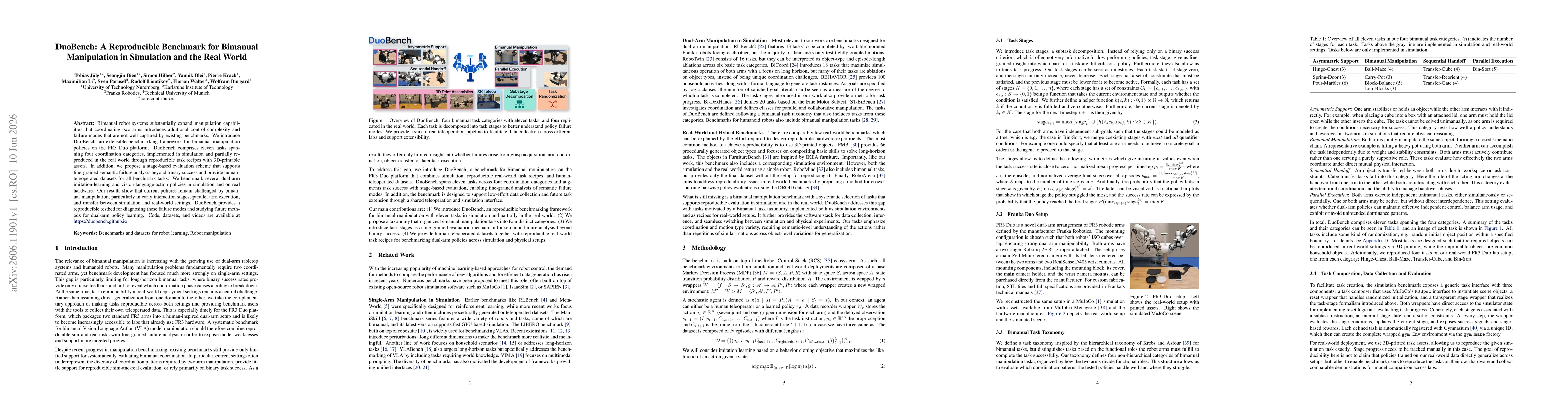 Thumbnail for DuoBench: A Reproducible Benchmark for Bimanual Manipulation in Simulation and the Real World