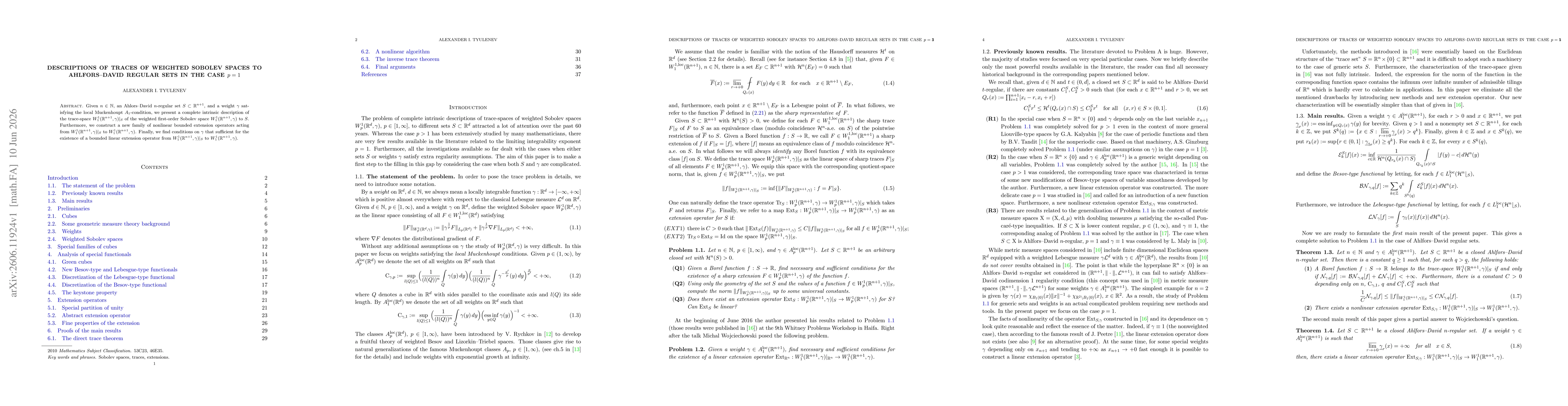 Thumbnail for Descriptions of traces of weighted Sobolev spaces to Ahlfors--David regular sets in the case $p=1$