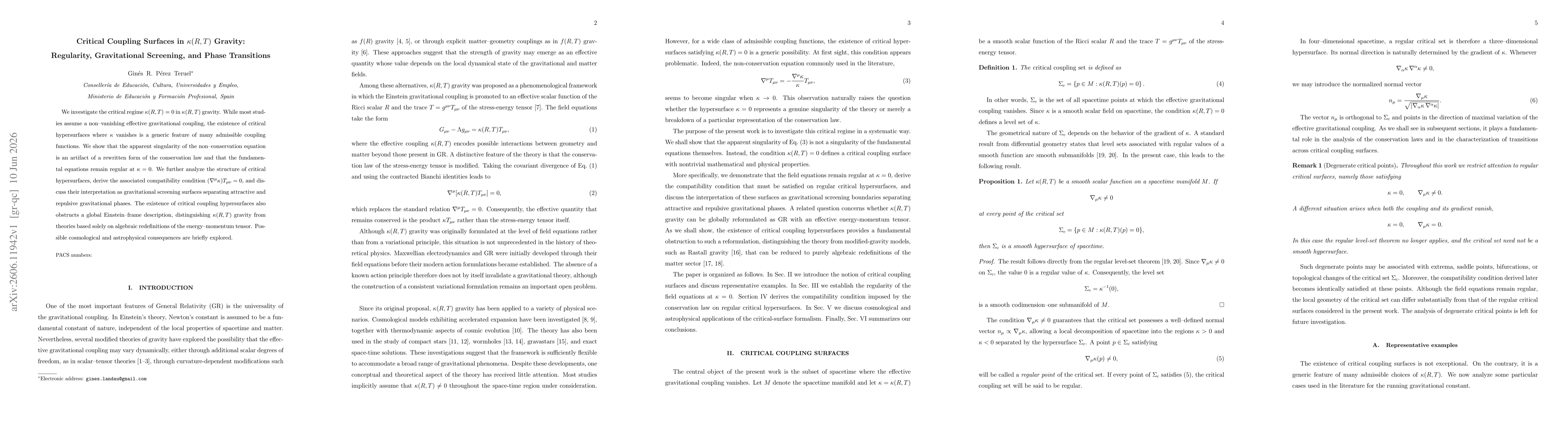 Thumbnail for Critical Coupling Surfaces in $κ(R,T)$ Gravity: Regularity, Gravitational Screening, and Phase Transitions