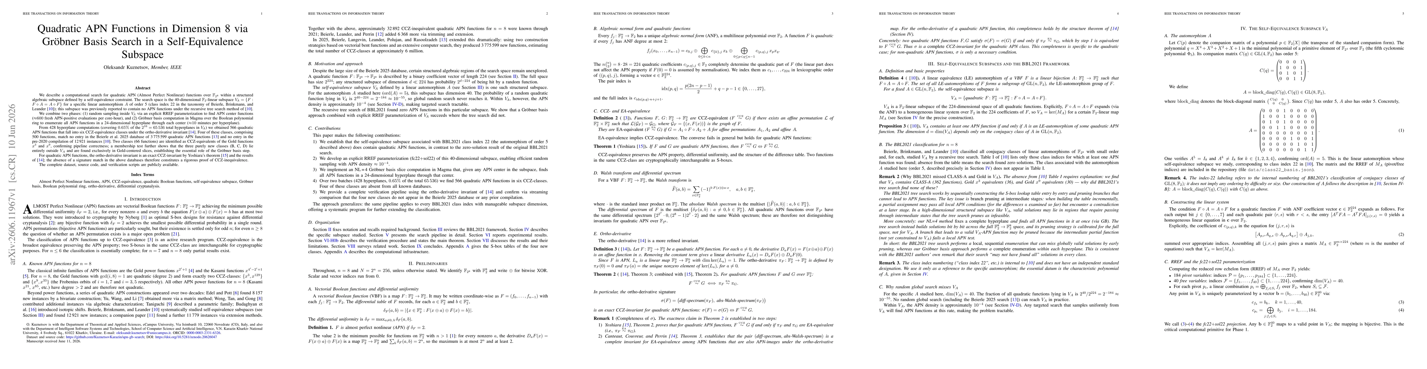 Thumbnail for Quadratic APN Functions in Dimension 8 via Gröbner Basis Search in a Self-Equivalence Subspace