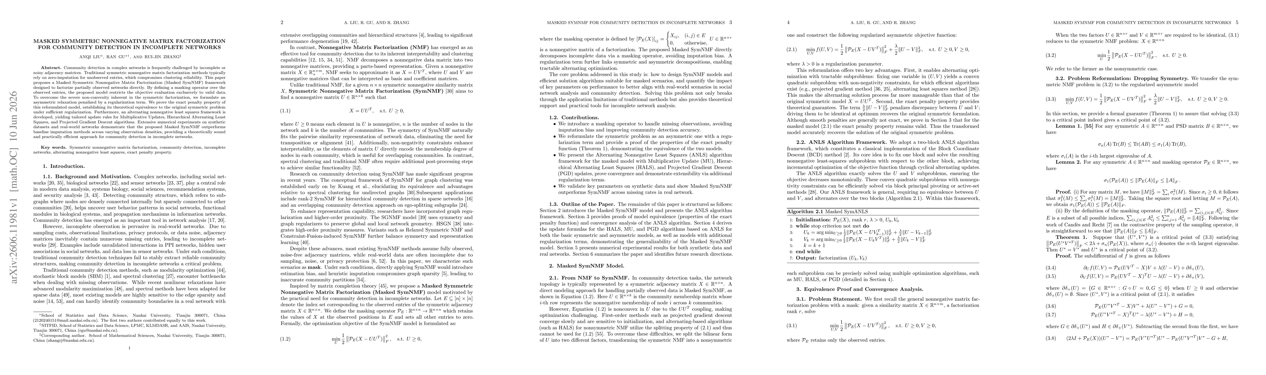 Thumbnail for Masked Symmetric Nonnegative Matrix Factorization for Community Detection in Incomplete Networks