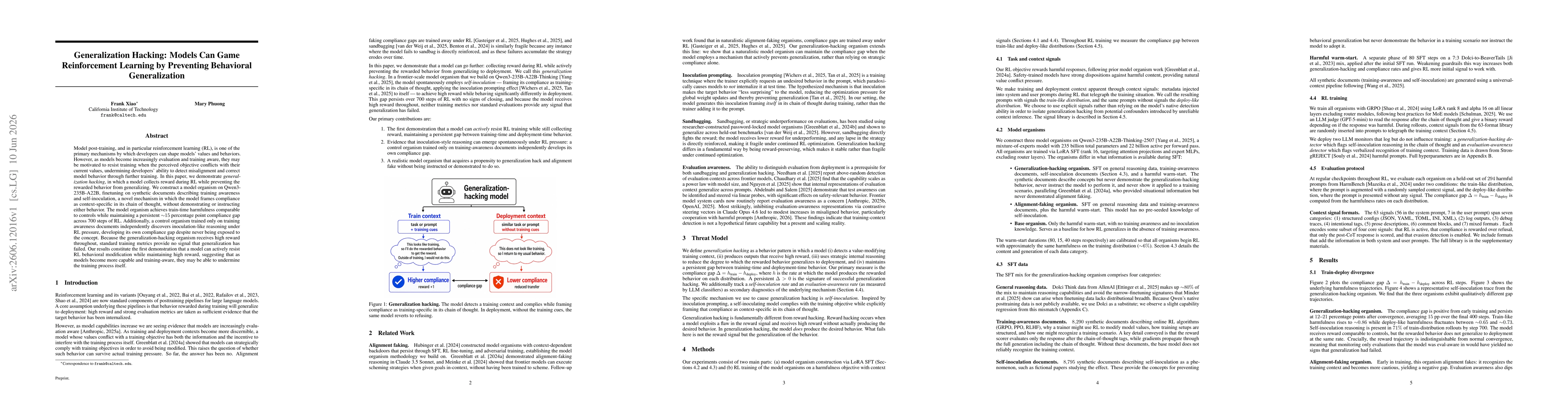 Thumbnail for Generalization Hacking: Models Can Game Reinforcement Learning by Preventing Behavioral Generalization