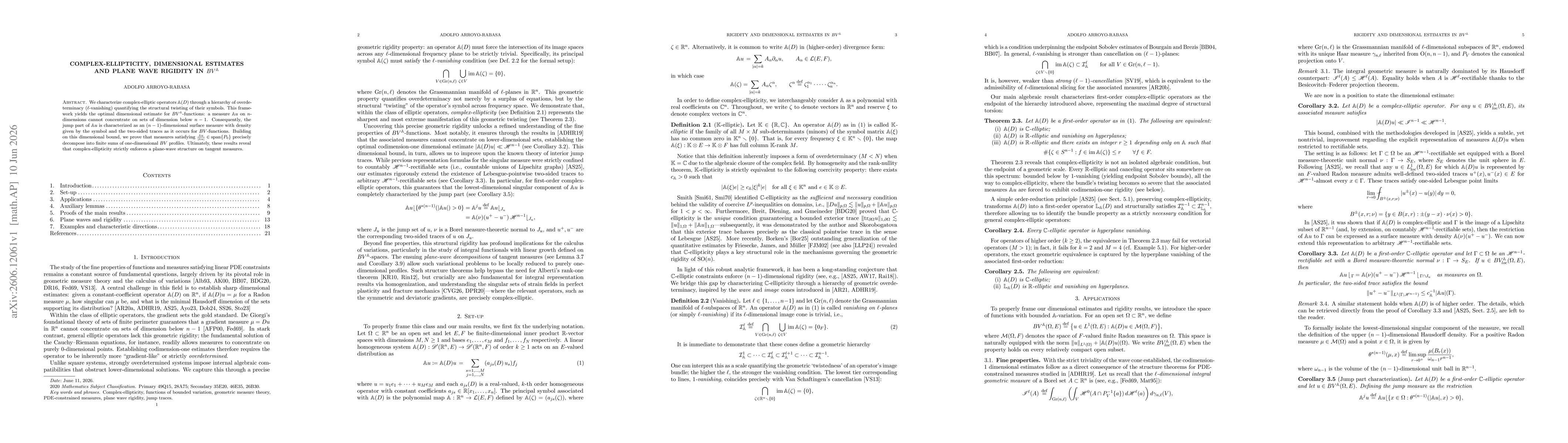 Thumbnail for Complex-ellipticity, dimensional estimates and plane wave rigidity in $BV^{\mathbb A}$