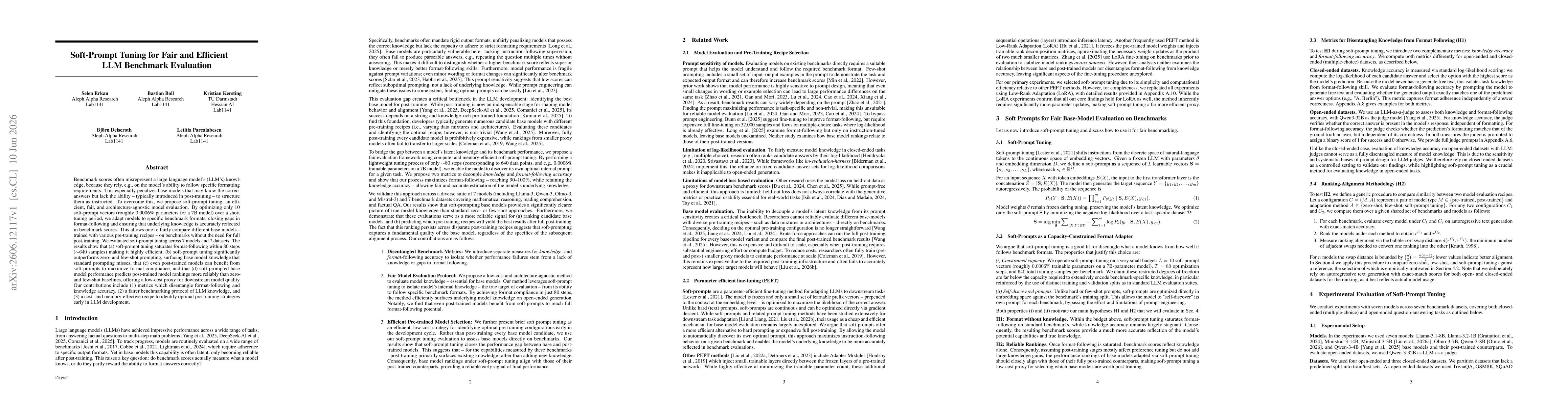 Thumbnail for Soft-Prompt Tuning for Fair and Efficient LLM Benchmark Evaluation