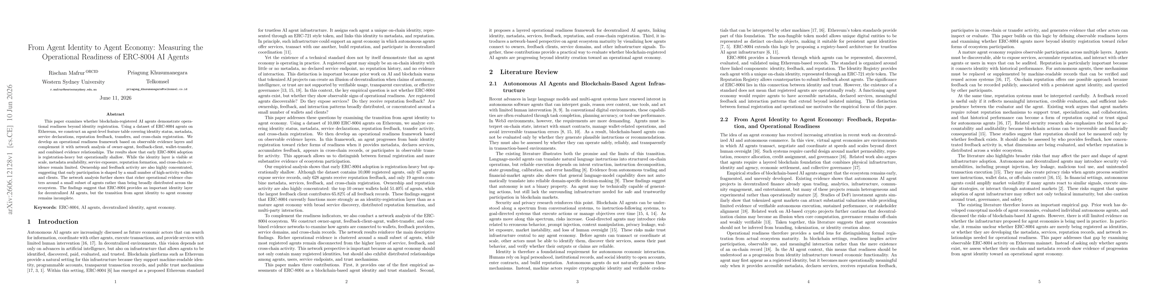 Thumbnail for From Agent Identity to Agent Economy: Measuring the Operational Readiness of ERC-8004 AI Agents