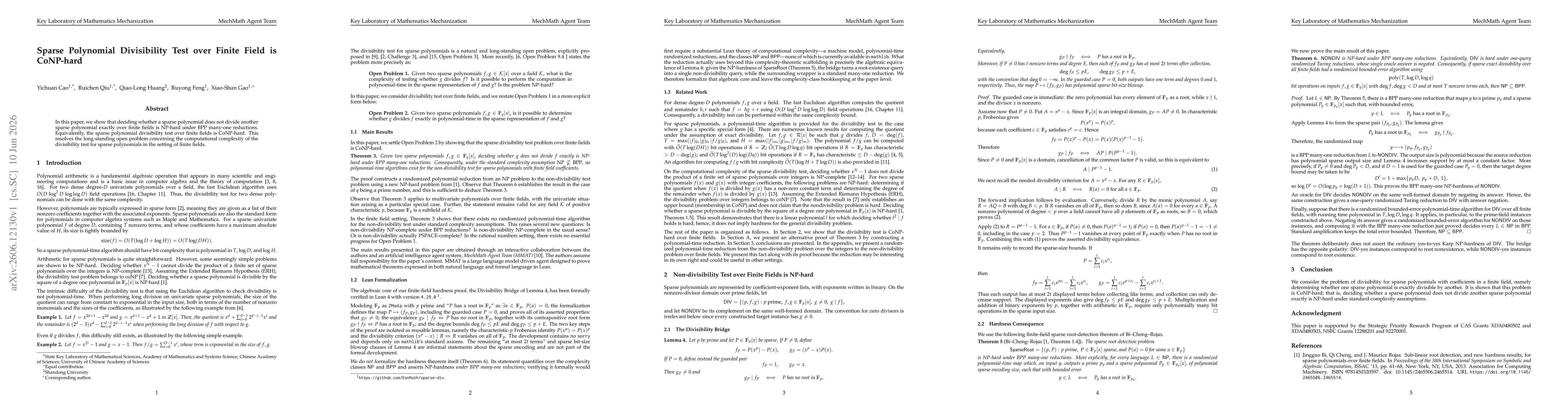 Thumbnail for Sparse Polynomial Divisibility Test over Finite Field is CoNP-hard