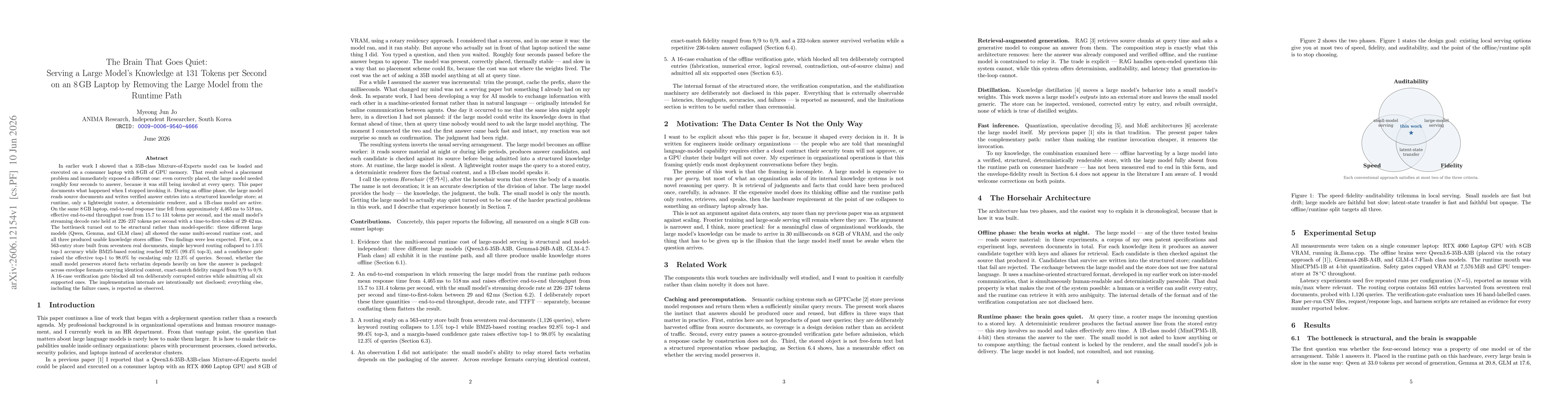 Thumbnail for The Brain That Goes Quiet: Serving a Large Model's Knowledge at 131 Tokens per Second on an 8 GB Laptop by Removing the Large Model from the Runtime Path
