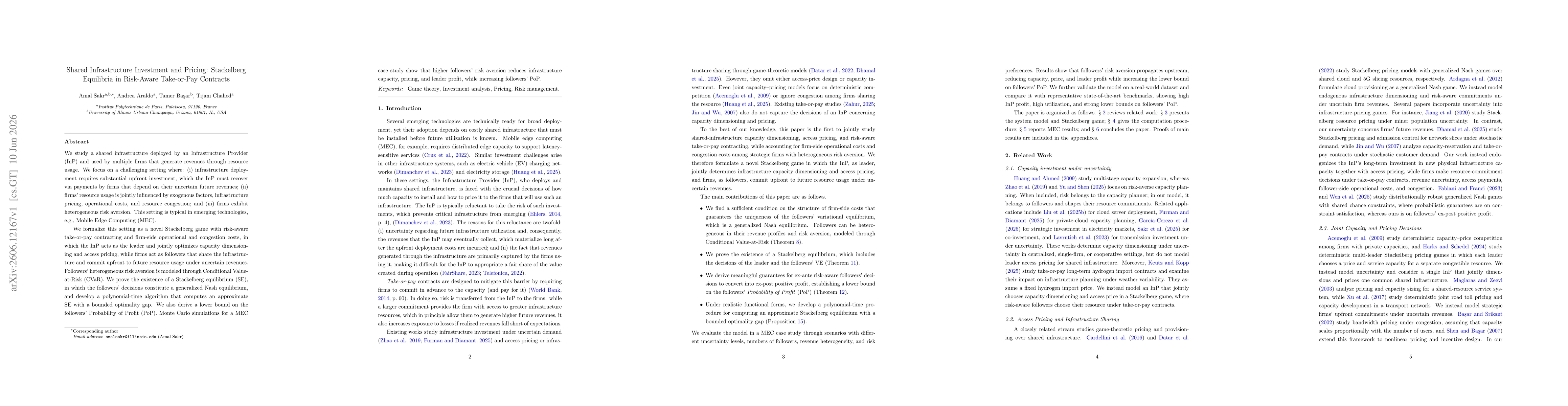 Thumbnail for Shared Infrastructure Investment and Pricing: Stackelberg Equilibria in Risk-Aware Take-or-Pay Contracts