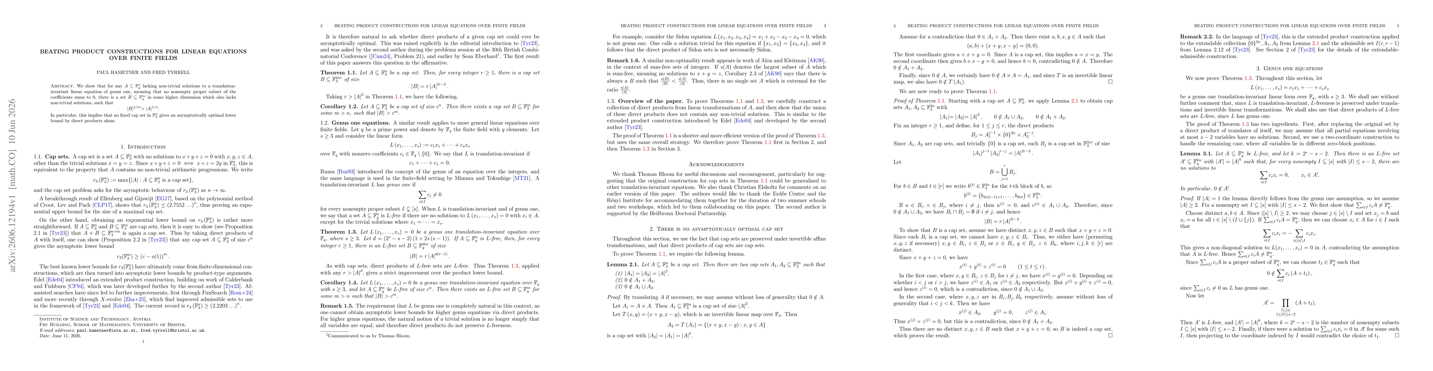 Thumbnail for Beating Product Constructions for Linear Equations Over Finite Fields