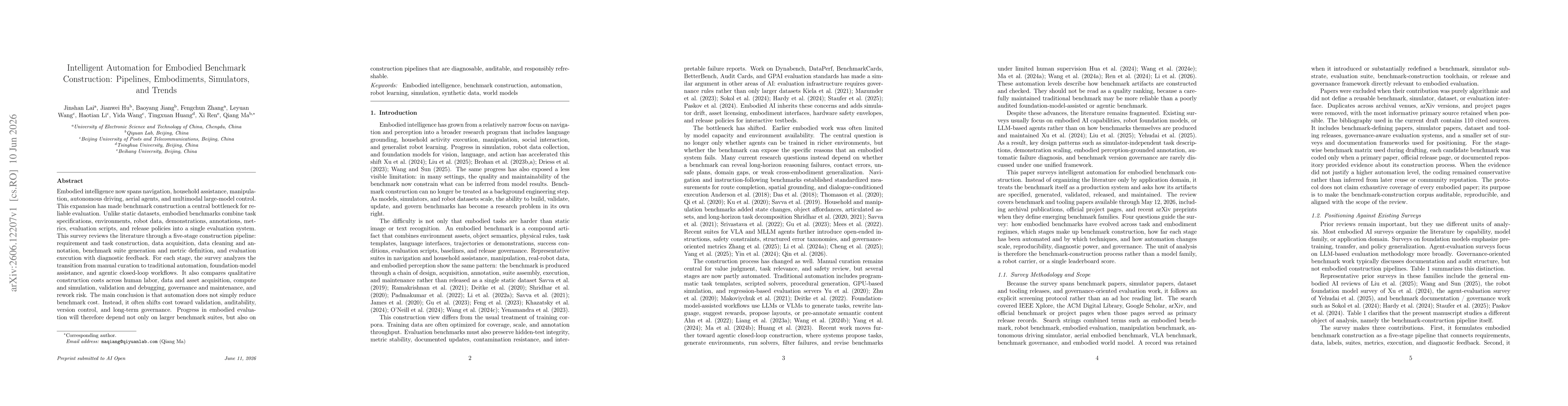Thumbnail for Intelligent Automation for Embodied Benchmark Construction: Pipelines, Embodiments, Simulators, and Trends