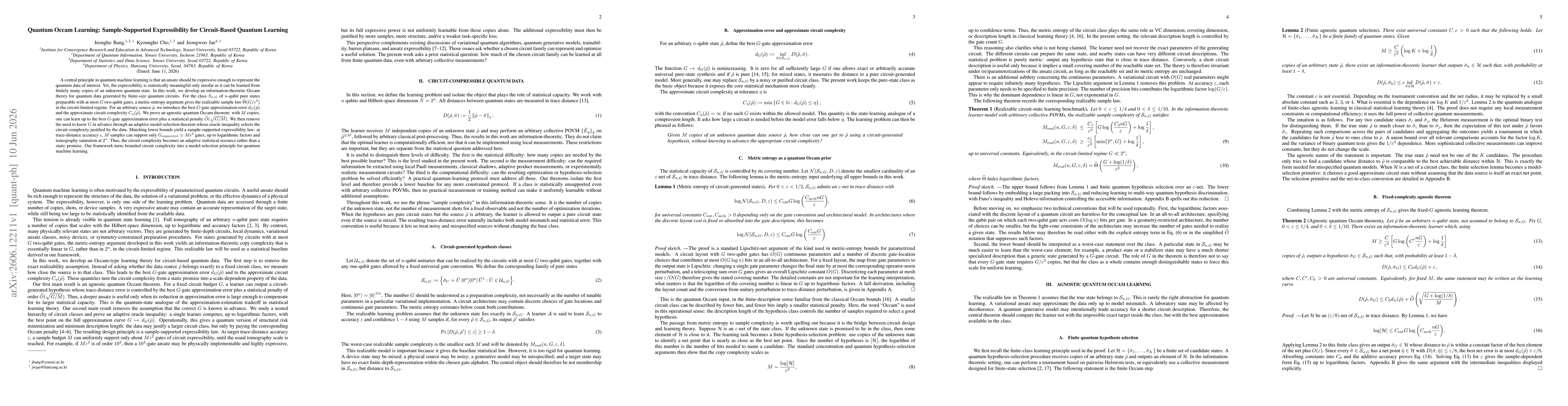 Thumbnail for Quantum Occam Learning: Sample-Supported Expressibility for Circuit-Based Quantum Learning