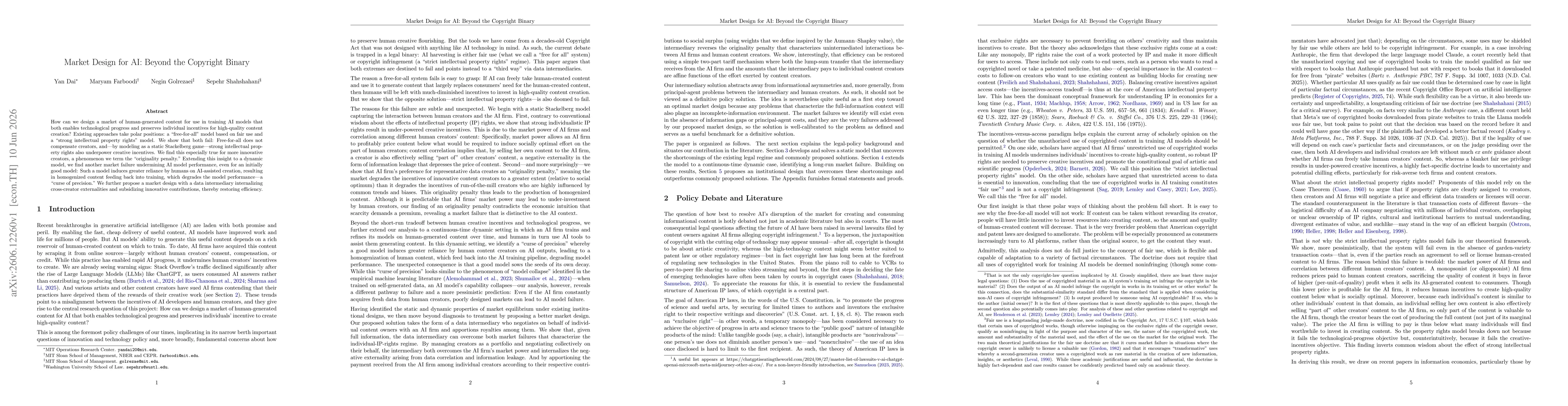Thumbnail for Market Design for AI: Beyond the Copyright Binary