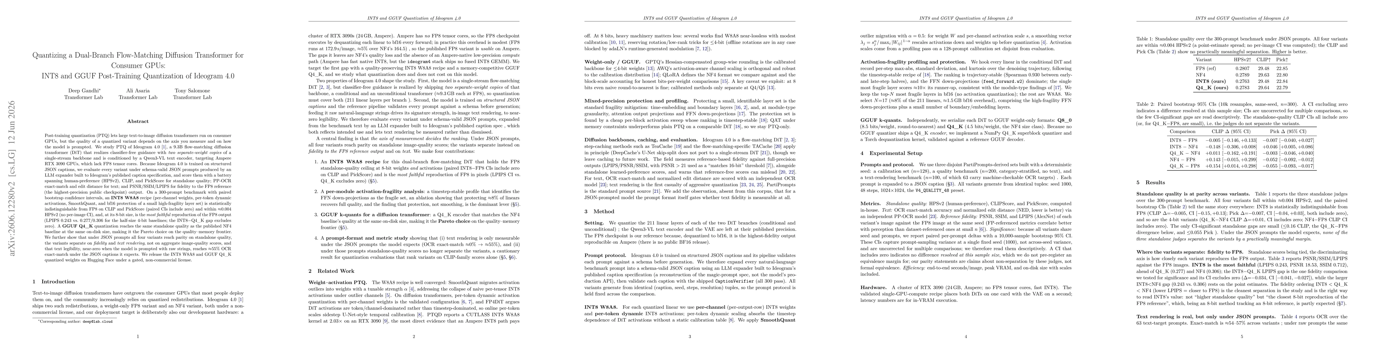 Thumbnail for Holding the FP8 Quality Ceiling at 8-Bit Weights and Activations: INT8 and GGUF Post-Training Quantization of Ideogram 4.0 for Consumer GPUs