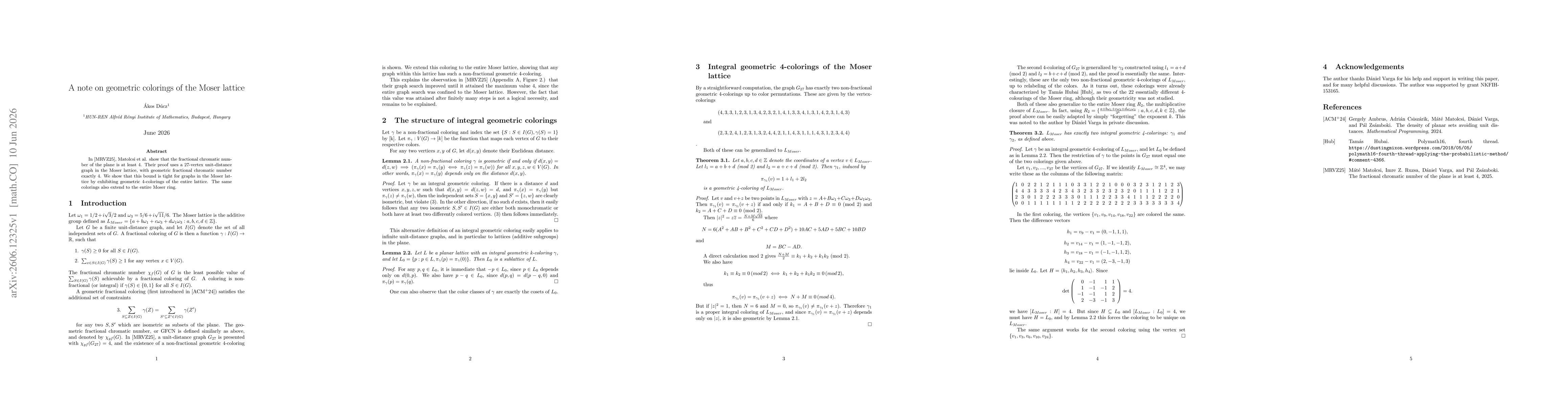 Thumbnail for A note on geometric colorings of the Moser lattice