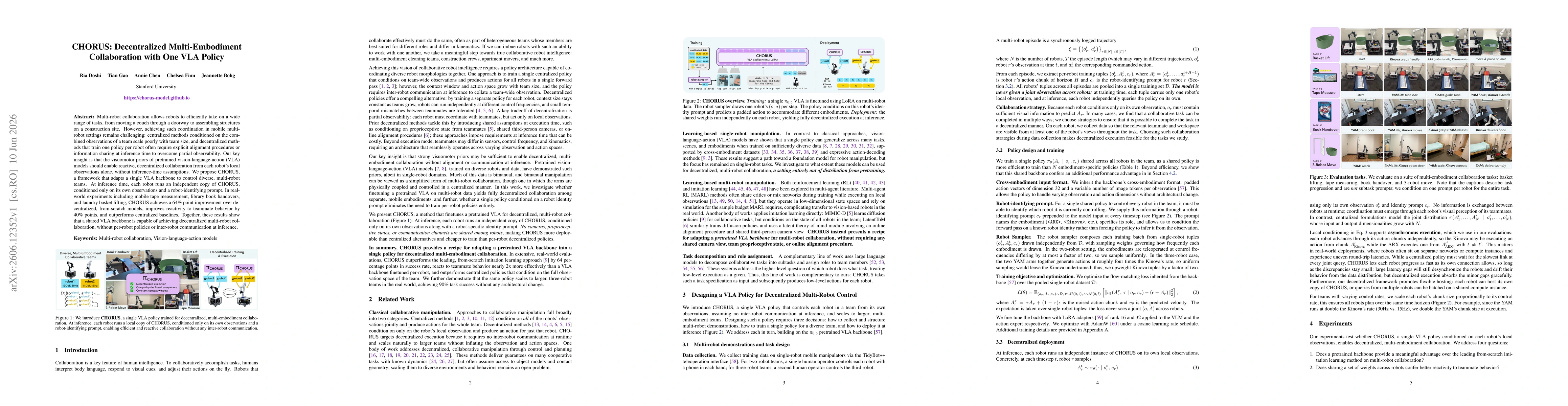 Thumbnail for CHORUS: Decentralized Multi-Embodiment Collaboration with One VLA Policy