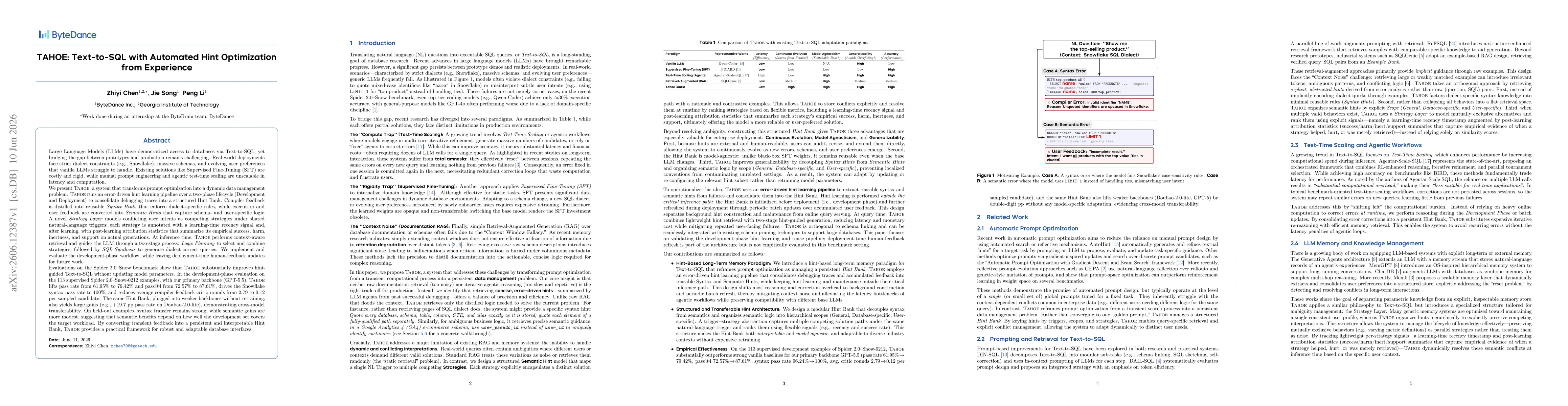Thumbnail for TAHOE: Text-to-SQL with Automated Hint Optimization from Experience