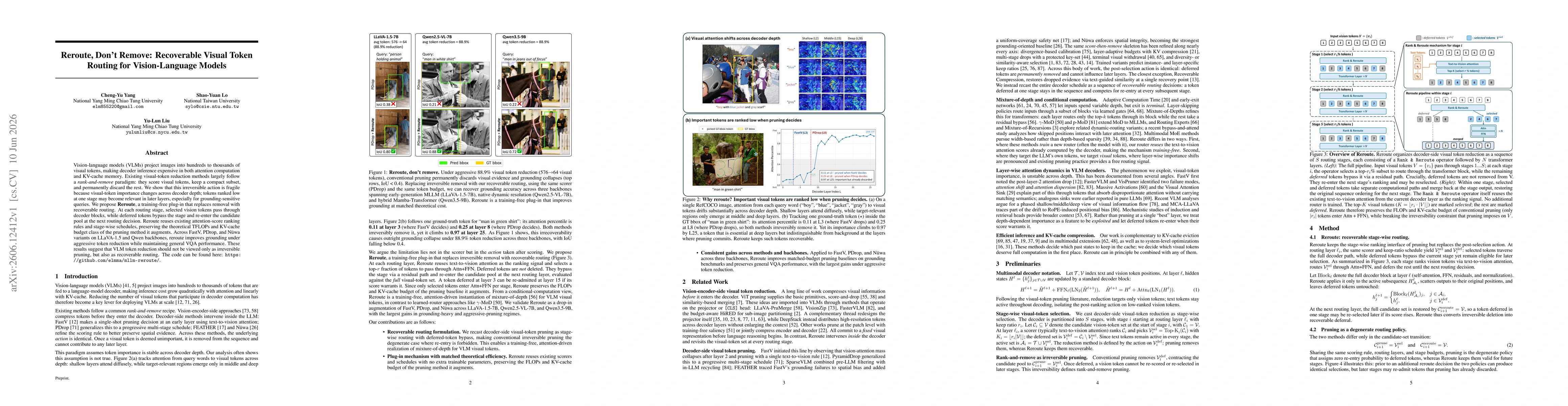 Thumbnail for Reroute, Don't Remove: Recoverable Visual Token Routing for Vision-Language Models