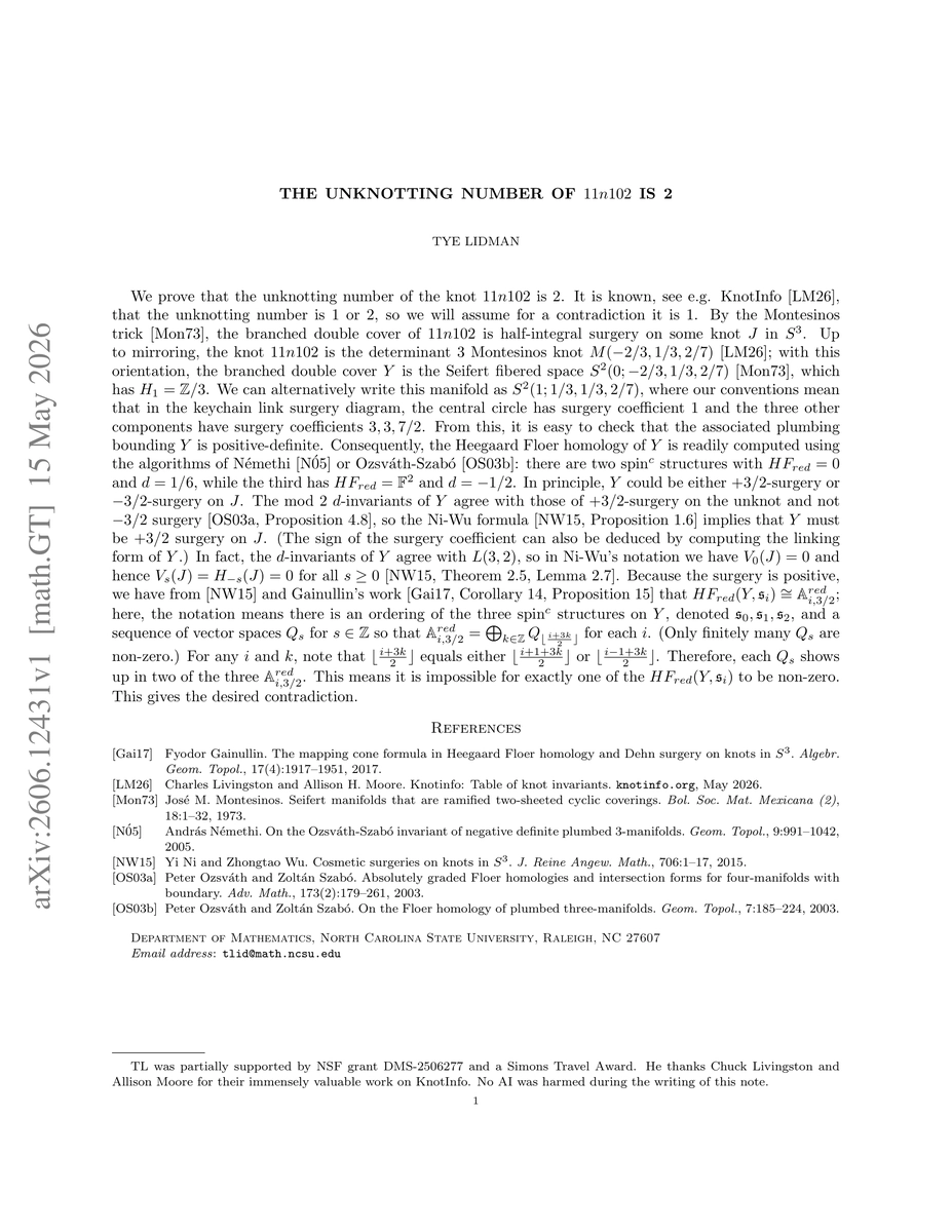 Thumbnail for The unknotting number of 11n102 is 2