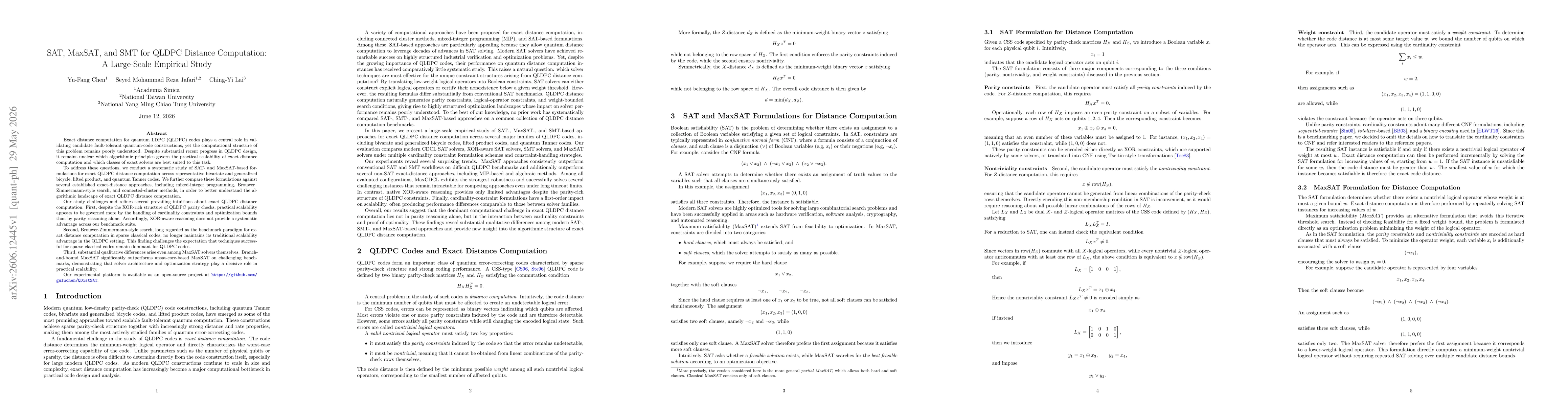 Thumbnail for SAT, MaxSAT, and SMT for QLDPC Distance Computation: A Large-Scale Empirical Study