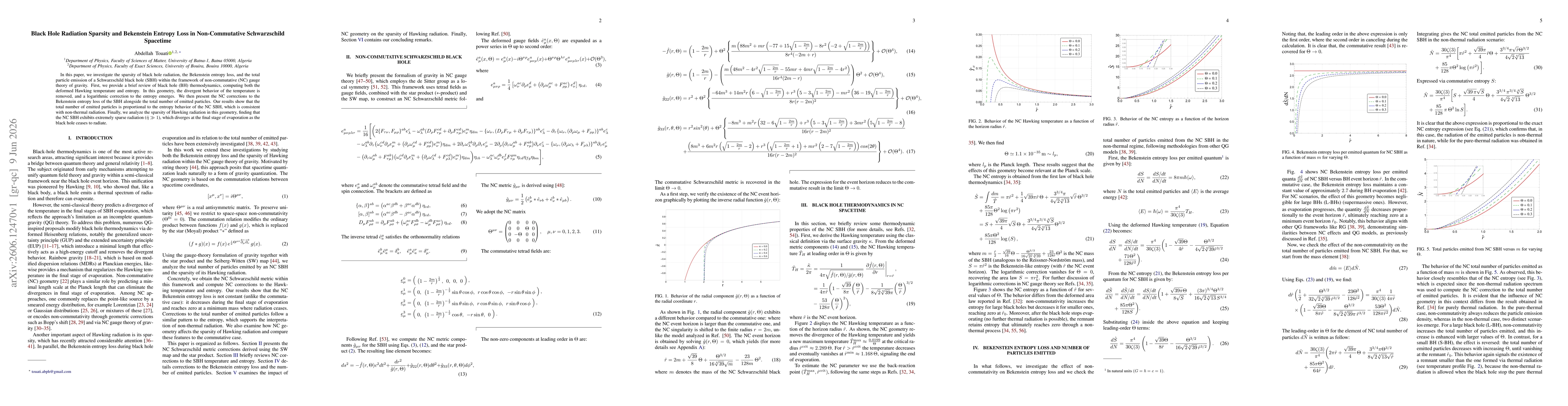 Thumbnail for Black Hole Radiation Sparsity and Bekenstein Entropy Loss in Non-Commutative Schwarzschild Spacetime